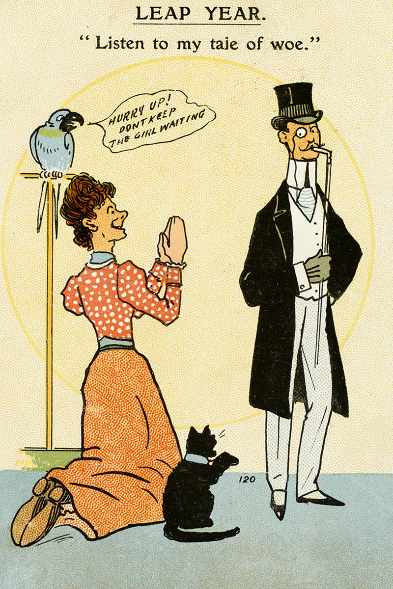 Una mujer pide matrimonio de rodillas en esta ilustración de 1912.